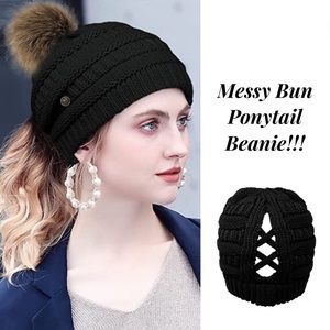 Black Knit Criss Cross Ponytail Pom Pom Beanie